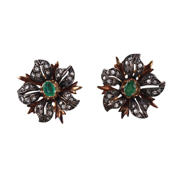 14k Gold Silver Emerald Rose Cut Diamond Flower Earrings
