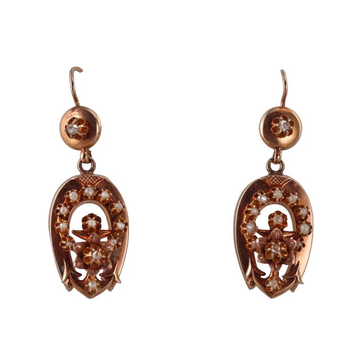 Antique Victorian 14k Rose Gold Pearl Drop Earrings