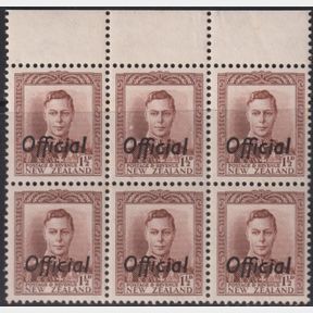 NZ Officials, 1938 1½d GVI chocolate horiz block of 6 with top selvedge. CP MO4…