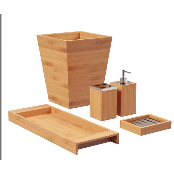 Lavish Home 5pc Bathroom Decor Set Bamboo Vanity Accessories w/ Trash Bin, Soap Dish, Soap Dispenser, Toothbrush Holder & Tray