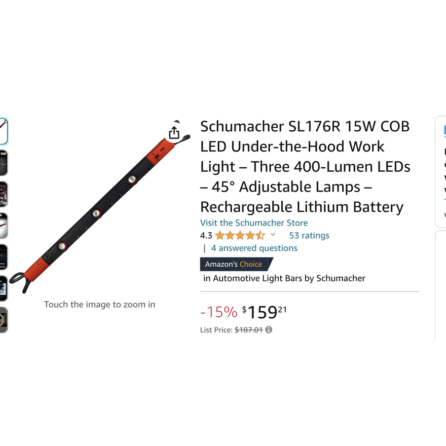 Schumacher SL176R 15W CPB LED Under Ther Hood work Light 400Lumens 45 Degree Adjustible Lamps Rechargable Lithium Battery Charger Included