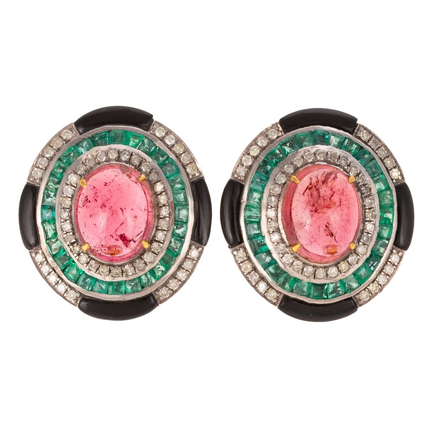 A Pair of Pink Tourmaline, Emerald & Diamond Earrings in Sterling Silver