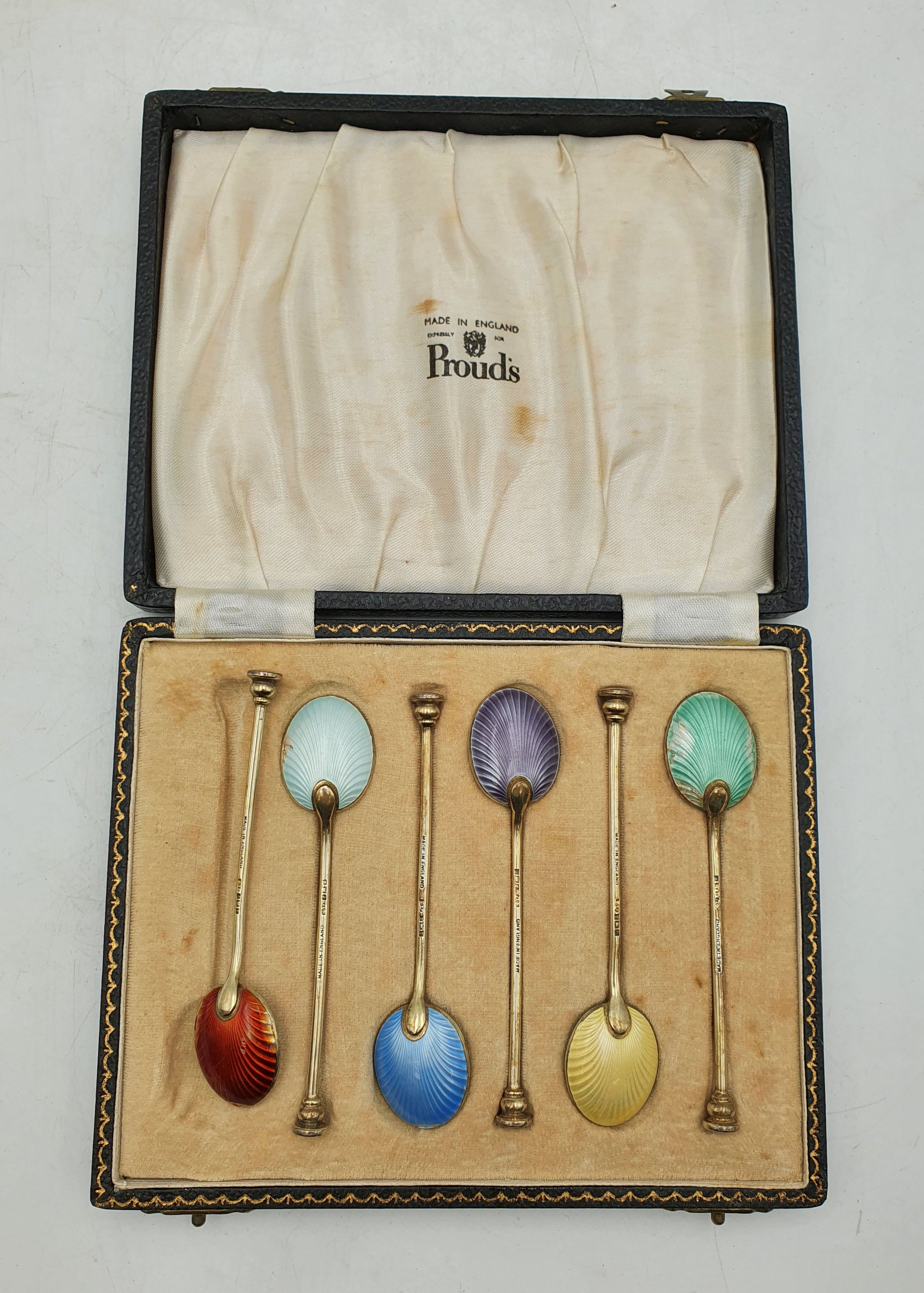A Set Of Six Gilded Silver Guilloche Enamelled Demitasse Spoons