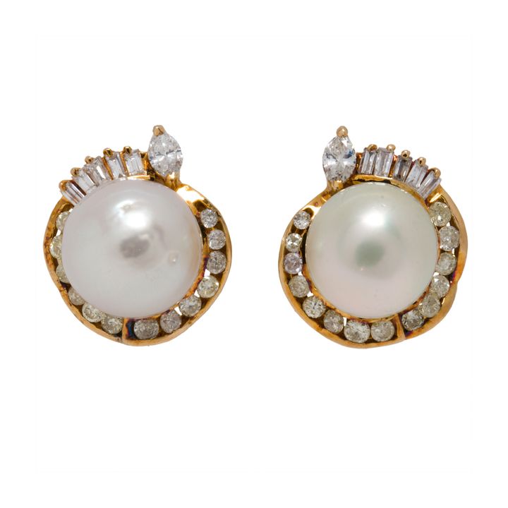 A pair of cultured pearl, diamond and 14k gold earrings