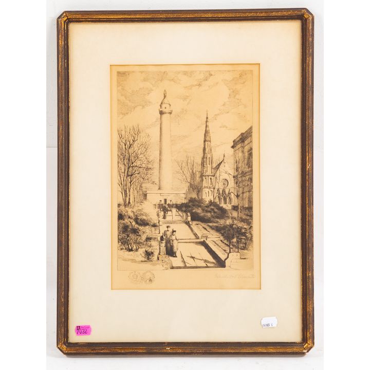 Gabrielle De V. Clements. "Washington Monument, Baltimore," etching