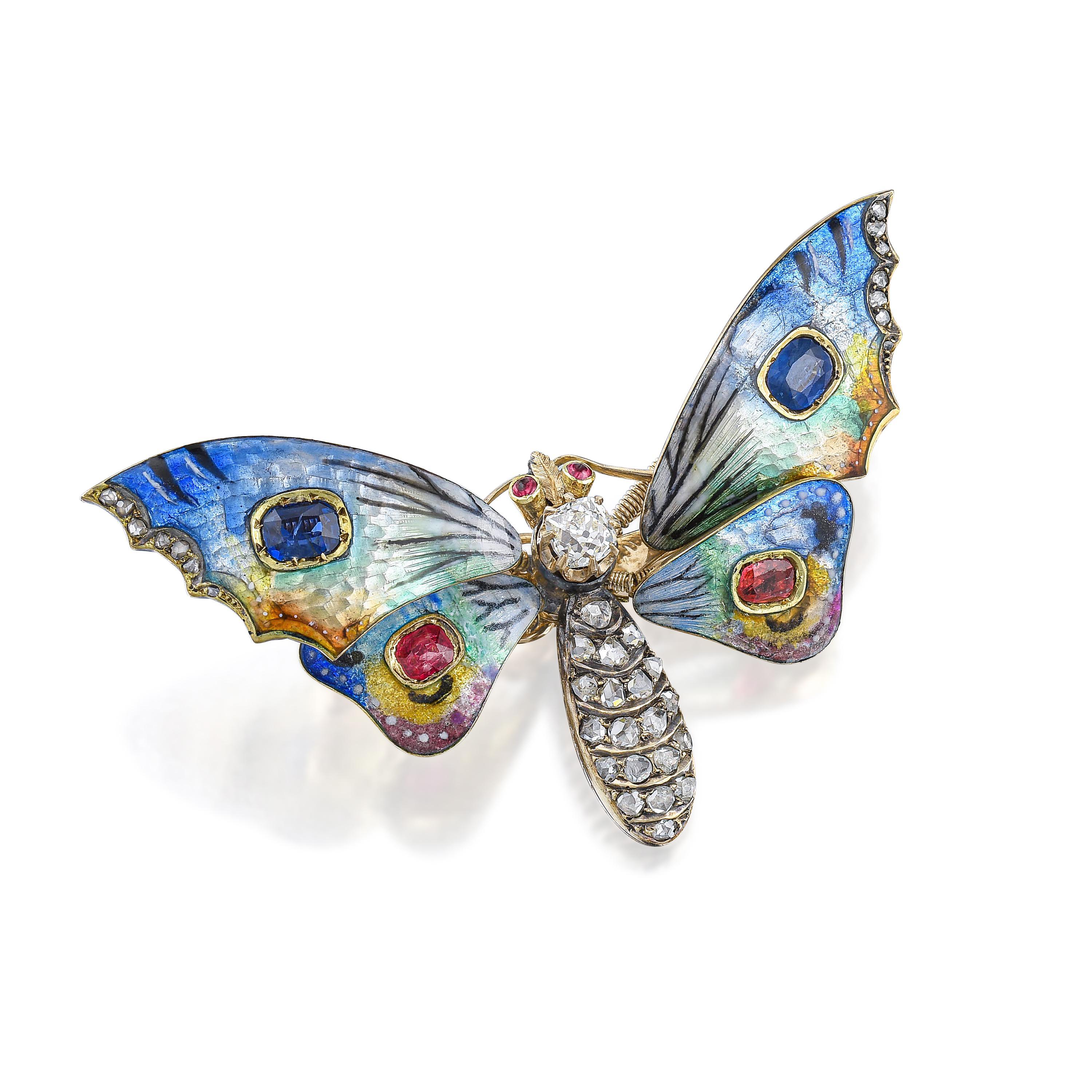 Antique Butterfly Diamond and Enamel En-Tremblant Brooch - Antique ...
