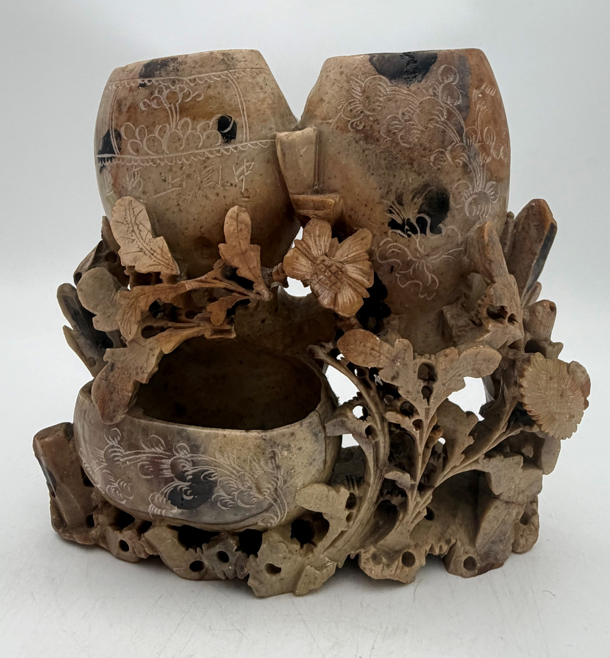 A Chinese Carved Soapstone Double Inkwell Vase