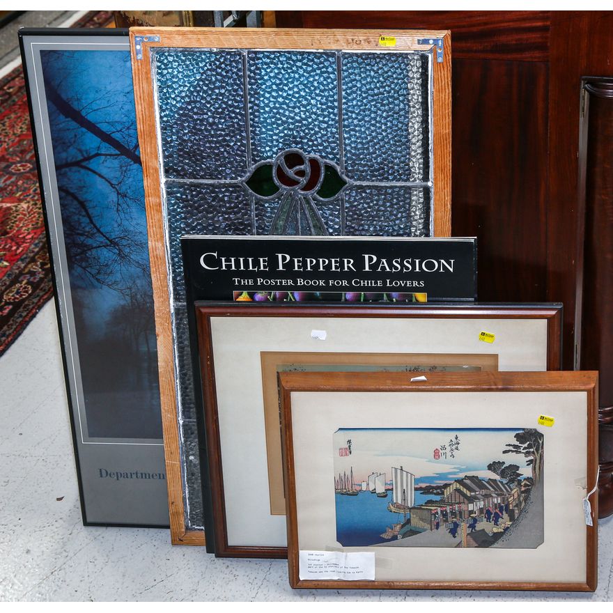 A Leaded Glass Panel & Other Framed Items