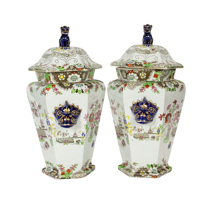 A large pair of English polychrome decorated ironstone potpourri vase in the Indian Flower pattern