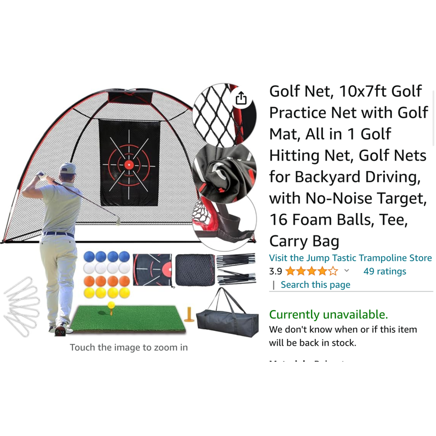 JumpTastic Black 10x7ft Anti-Ripped Golf Net w/ Golf Mat