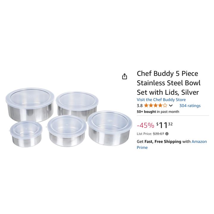 Chef Buddy 5pc Stainless Steel Bowl Set w/ Lids- Silver