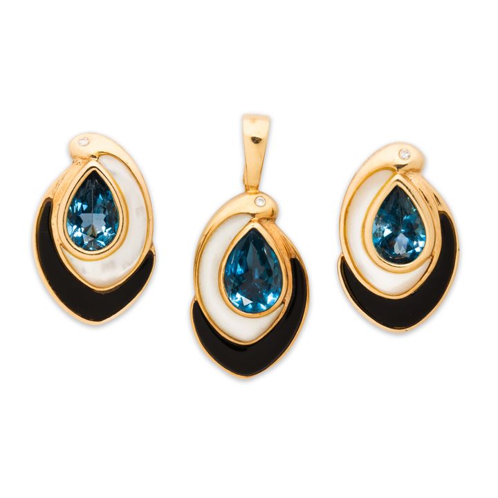 A gemstone and fourteen karat gold pendant, earring suite