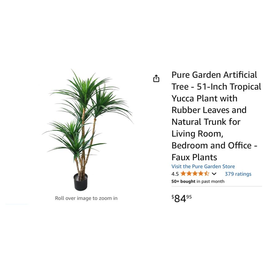 Pure Garden Artificial Tree Tropical Yucca Plant w/ Rubber Leaves- 21'' D x 21'' W x 51'' H In Box