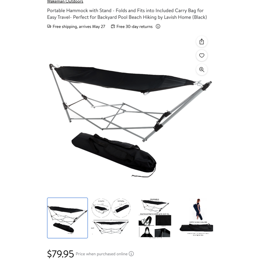 Wakeman Outdoors Black Portable Hammock with Stand (72" x 8" x 6.5")