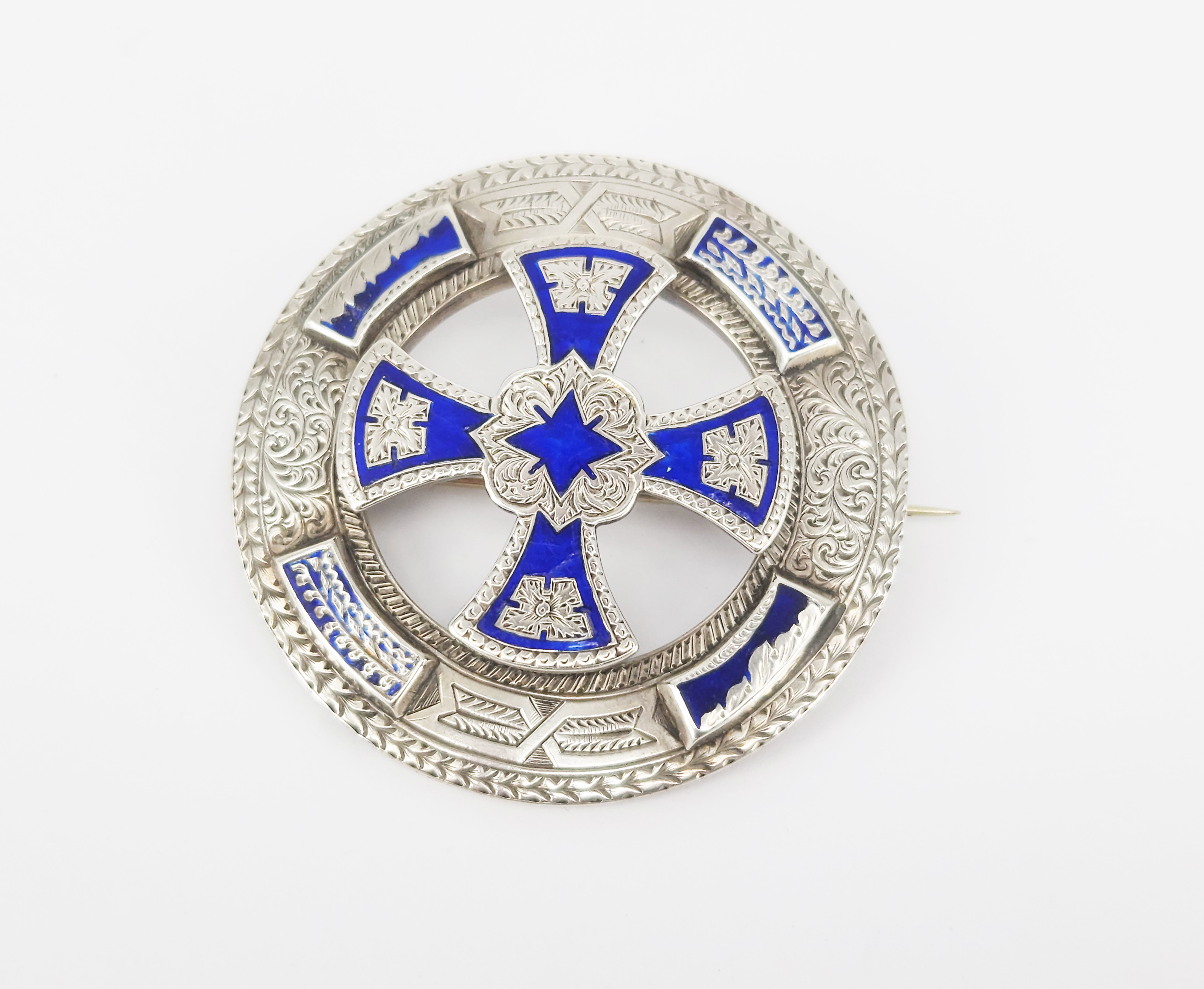 A Scottish Engraved Silver And Colbalt Blue Enamel Double Layer Brooch