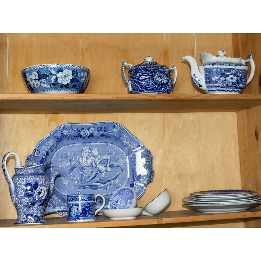 A group of English Staffordshire blue and white transferwear in botanical patterns
