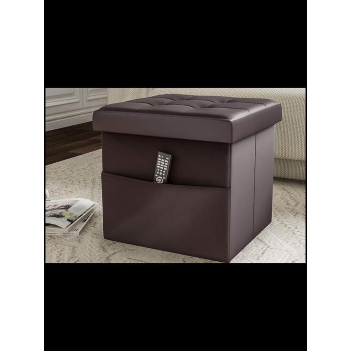 Lavish Home Foldable Storage Cube Ottoman w/ Pocket (Fuax Fur Leather Footrest) Brown