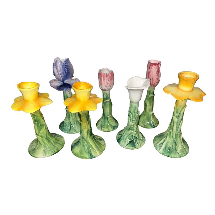 (7) Italian ANCORA Ceramic Floral Candlestick Holders