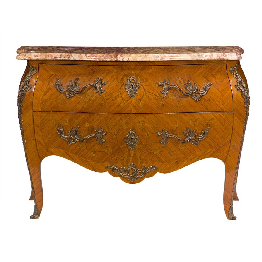 A Louis XV style bombe marquetry inlaid commode