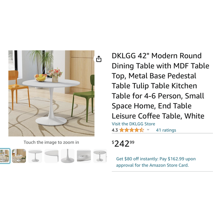 DKLGG 42" Modern Round Dining Table w/ MDF Top & Metal Base (Sits 4-6 People, White)