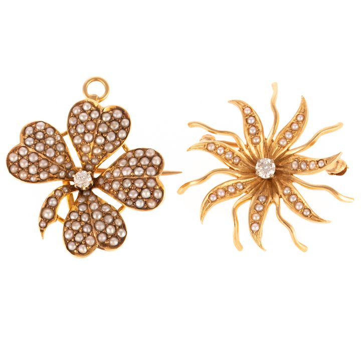 Two Seed Pearl & Diamond Brooches in 14K