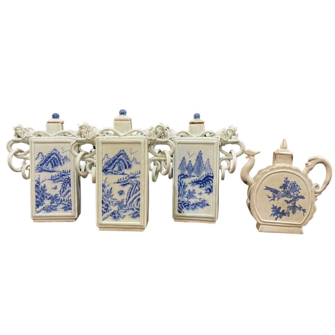 世锦堂款青瓷青花酒壶四件一组FOUR PIECES OF CELADON BLUE AND