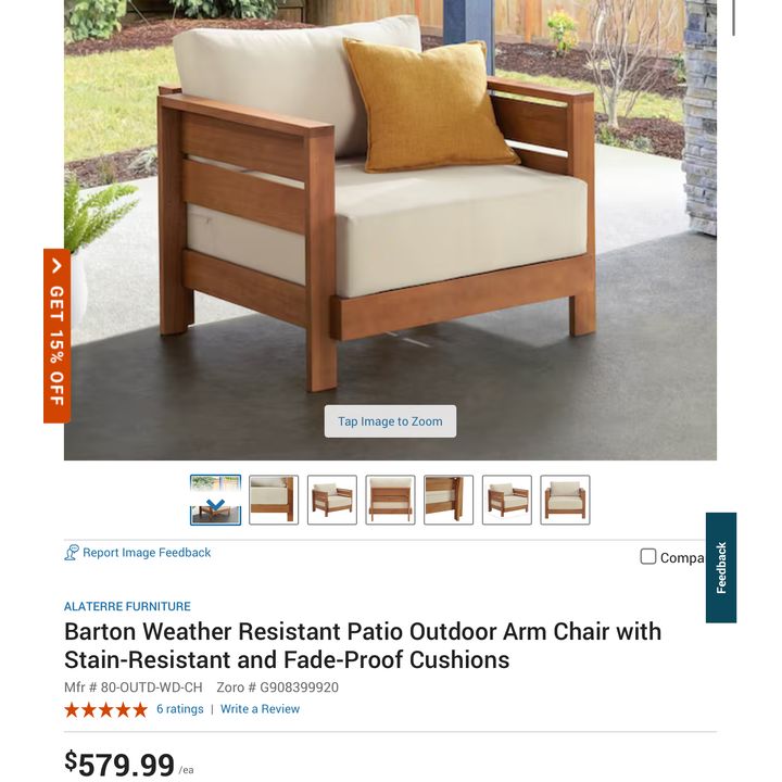 Alaterre Furniture Barton Weather Resistant Patio Outdoor Arm Chair- Eucalyptus, 36'' x 32'' In Box