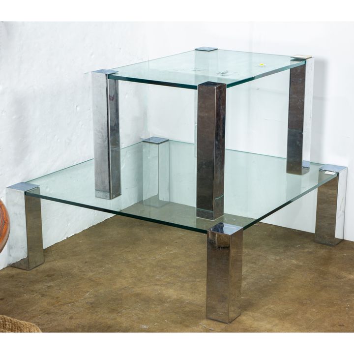 (lot of 2) Modernist chrome and glass tables, likely 1970s, largest: 14"h x 42"w, smaller: 20"h x 32"w x 22"d