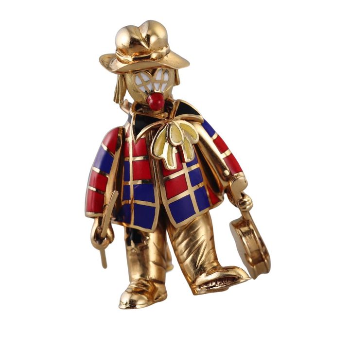 French 18k Gold Enamel Clown Movable Brooch Pin