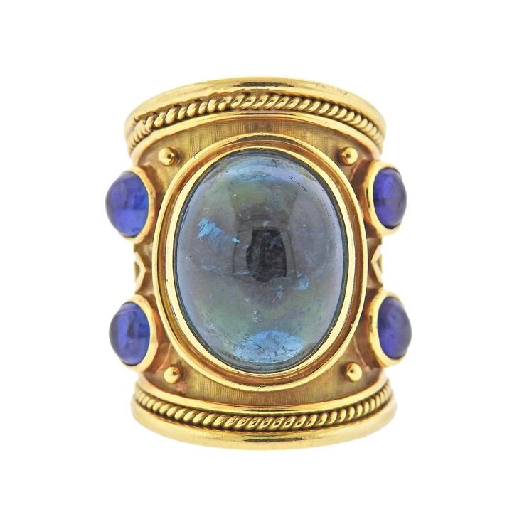 Elizabeth Gage Sapphire Green Tourmaline Cabochon Gold Band Ring