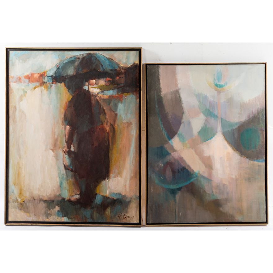 Two Framed Blue Contemporary Abstracts, oil