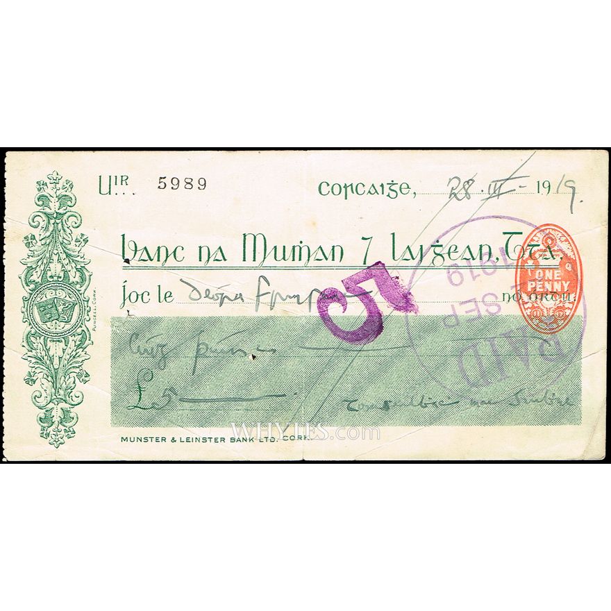1919 (28 March). A cheque written and signed by Terence MacSwiney ...