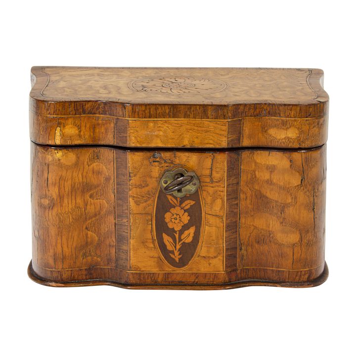 An English satinwood marquetry inlaid tea caddy, early 19th century