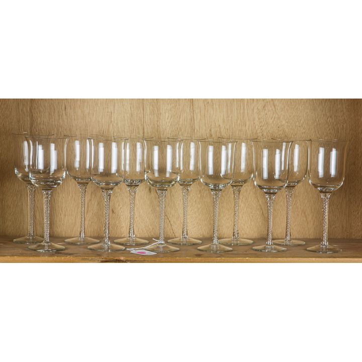 (lot of 12) Continental large glass goblets with airtwist stems, probably Rogaska, 9