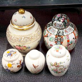 A group of good porcelain jars and covers, including Crown Staffordshire and Chinese, tallest 33cm.