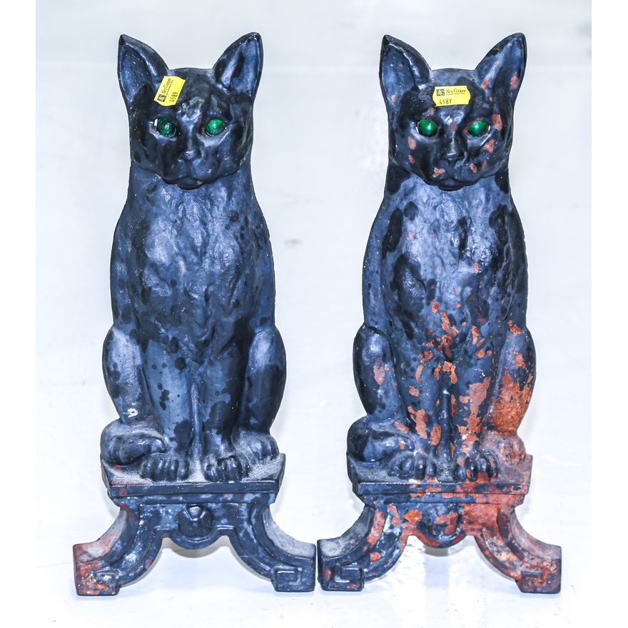 A Pair of Cast Iron Cat Form Andirons