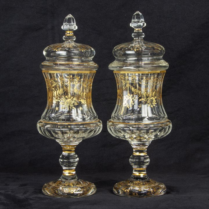 A pair of Continental gilt cut glass covered pokals
