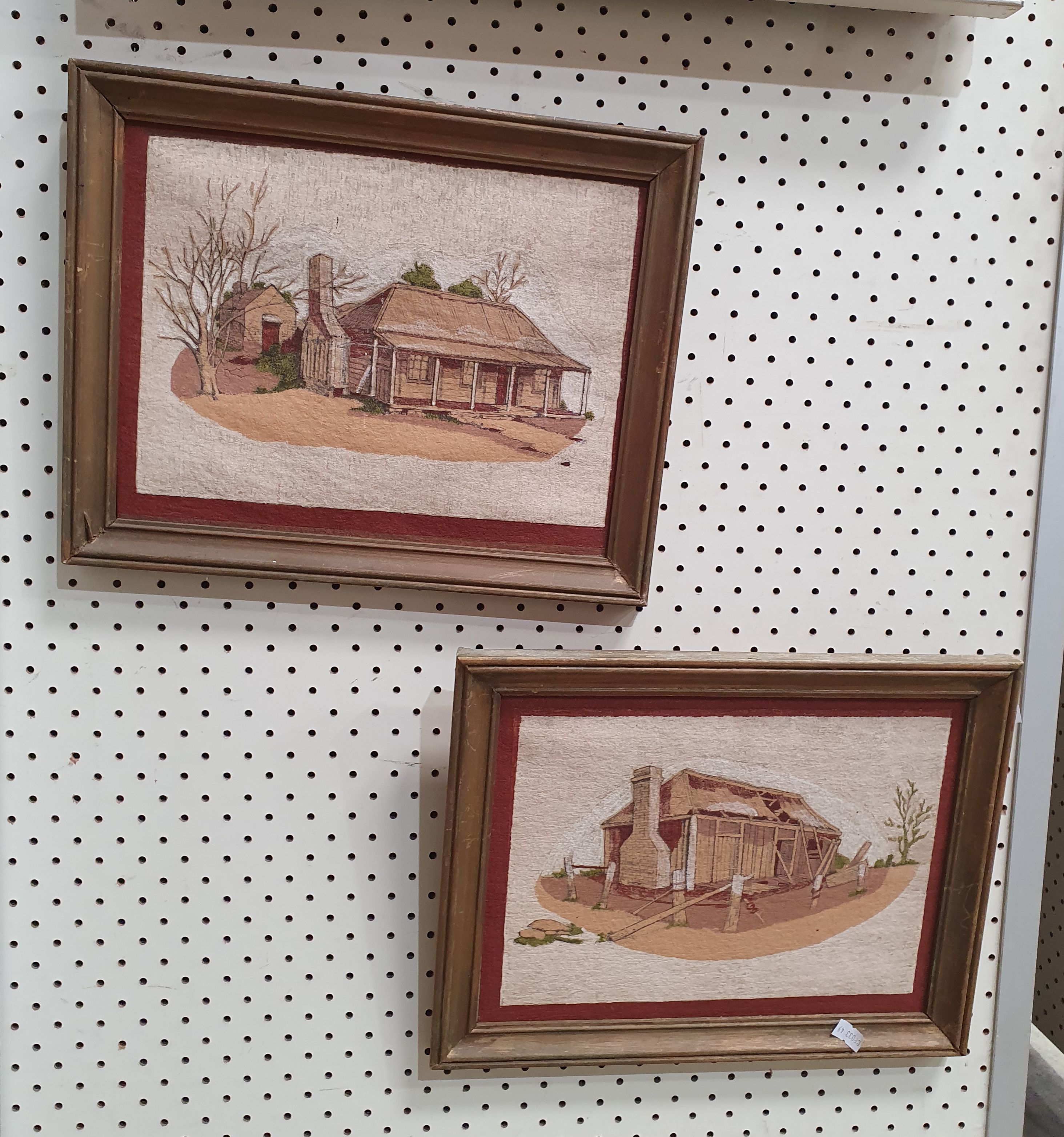 A PAIR OF COTTAGE PAINTINGS ON FABRIC