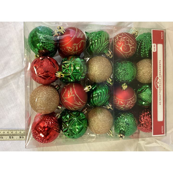 Holiday Time 40 Shatterproof Ornaments. Red, Green & Gold