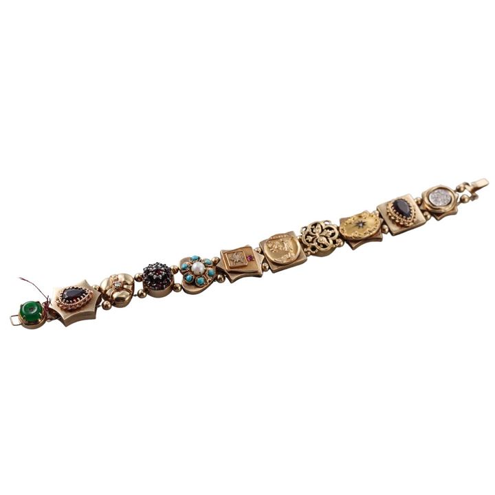 Midcentury 14k Gold Gemstone Slide Bracelet