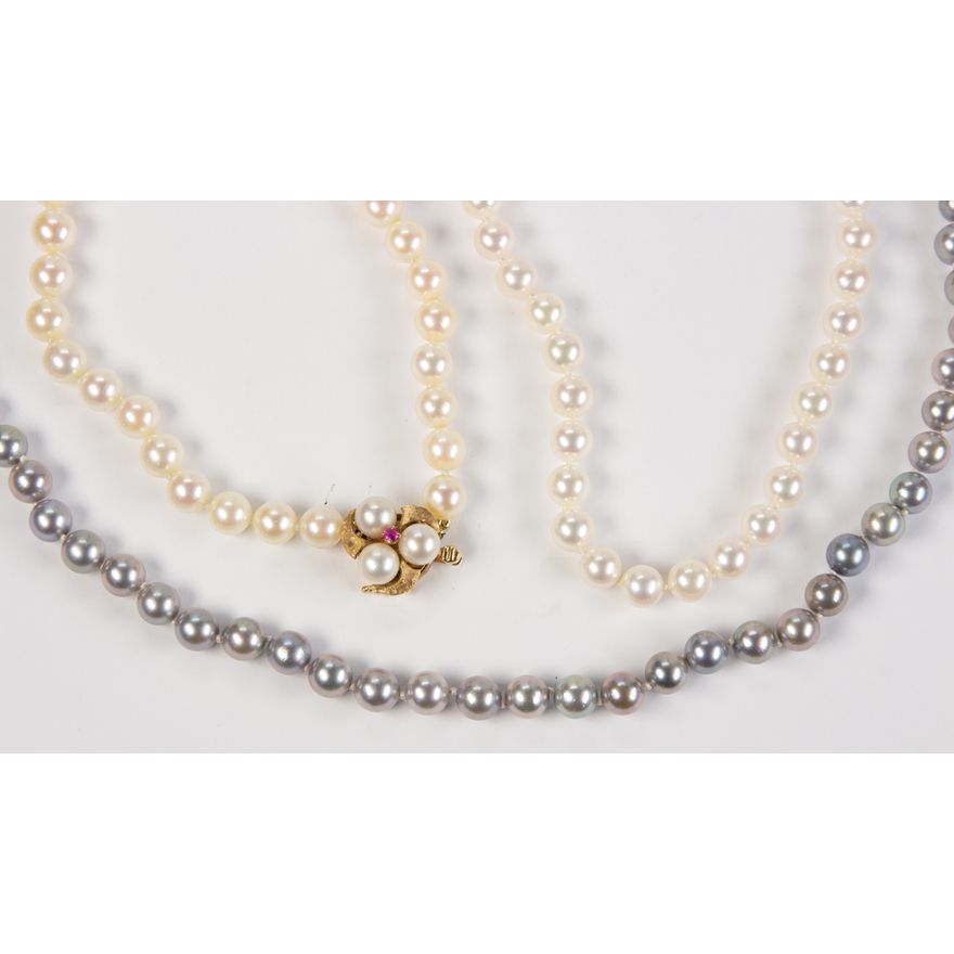 (Lot of 3) Cultured pearl, ruby and yellow gold necklaces