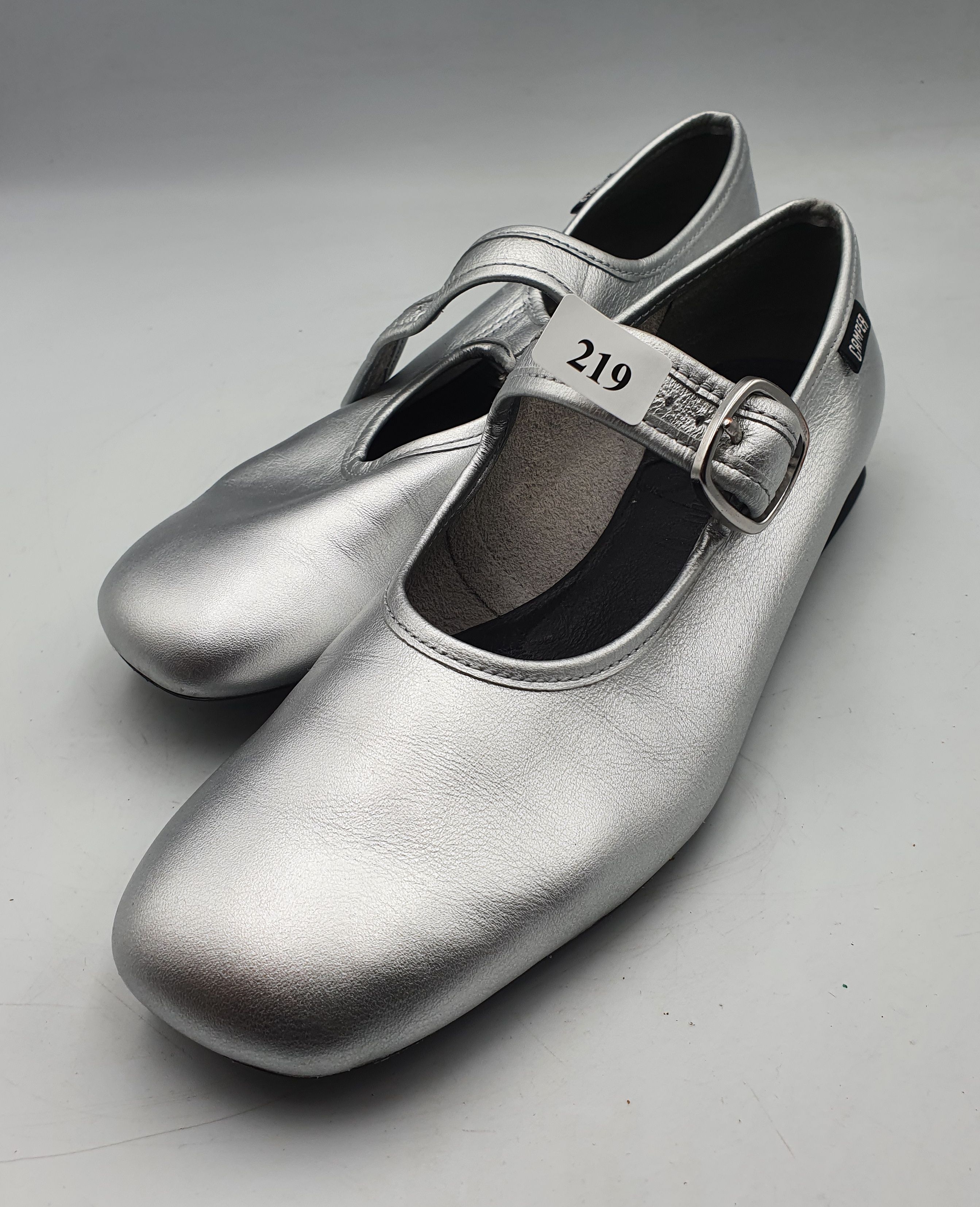 219 · A PAIR OF 'CAMPER' SILVER MARY JANE SHOES SIZE 37