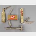 Group of six old advertising pocket knives and a tiny sledge