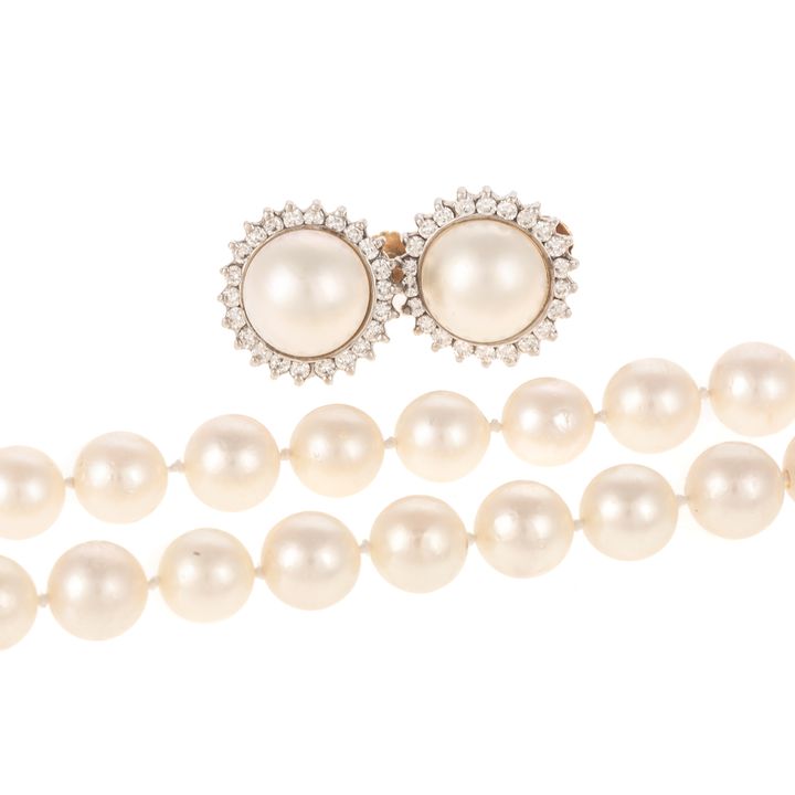 A Double Strand of Pearls & Mabe Pearl Ear Clips 14K