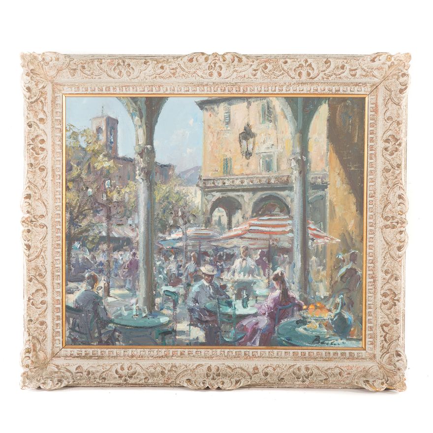 Hans Becker. Cafe Patio, Oil on Canvas