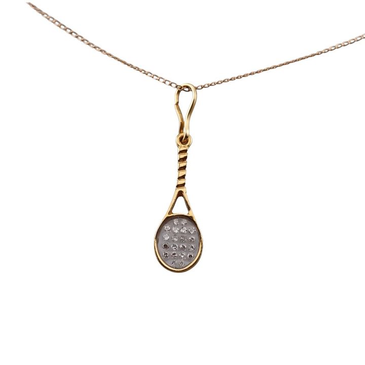 14k Gold Diamond Tennis Raquet Pendant Necklace