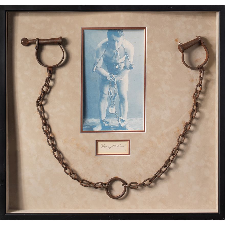 Houdini's handcuffs in shadowbox, with autograph; 27