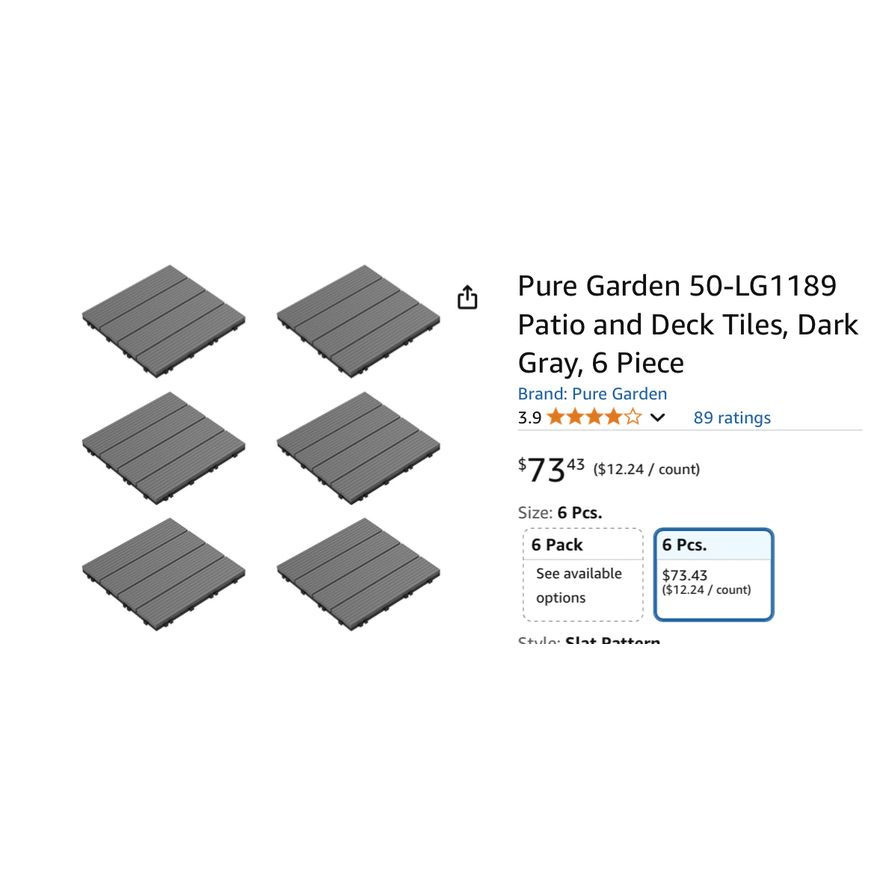 Pure Garden Patio & Deck Tiles- 6pc, Dark Grey 12'' L x 12'' W x .9'' H