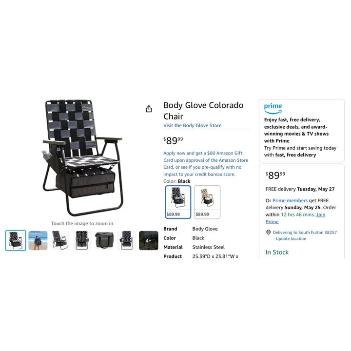 Body Glove Camp Chair with Padded Back Straps, Removable Cooler Tote, & Cup Holder-300lb Limit