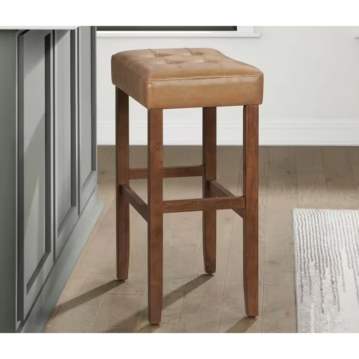 Alaterre Furniture Backless 30.5'' Bar Height Stool True Walnut Finish w/ Cognac PU Cover- In Box